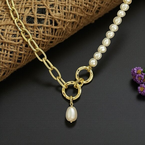ποΈStatement Necklace Freshwater Pearls 18K Gold Plated Stainless Steel Jewelry - Picture 9 of 14